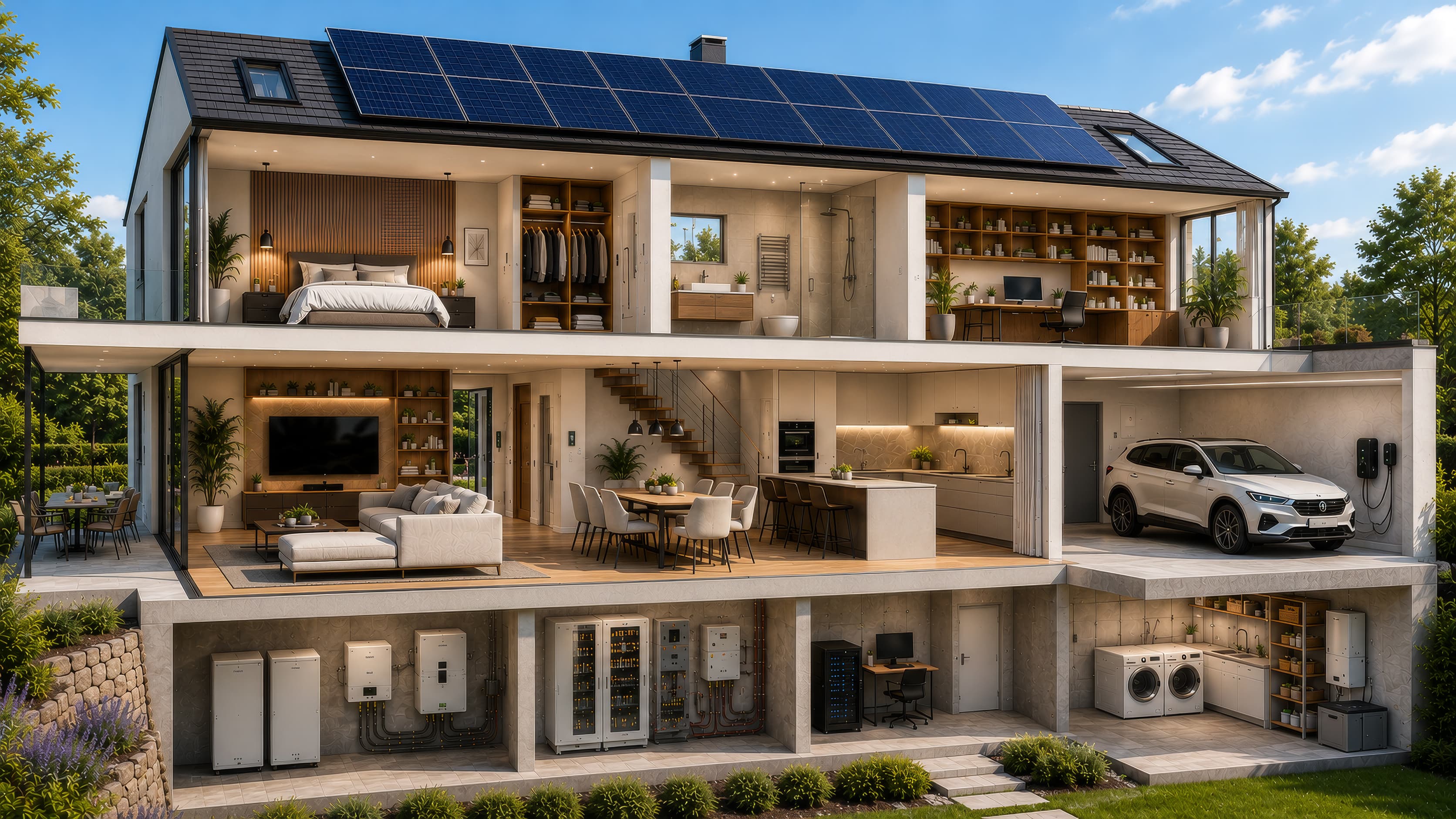 Schnittansicht eines intelligenten Gebäudes mit Photovoltaik, Smart Home, Wallbox und Technikräumen